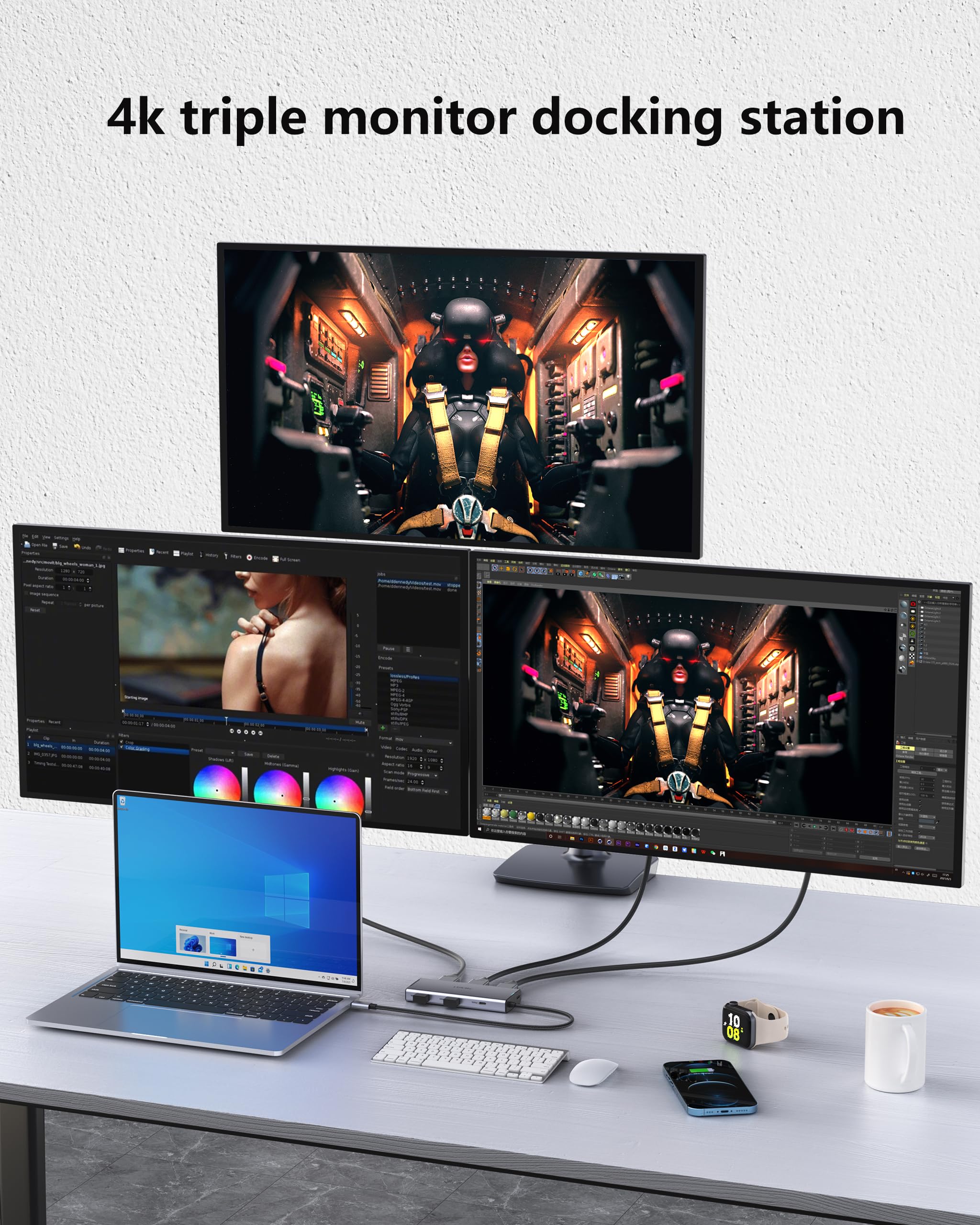 Estação de ancoragem USB-C para monitor triplo | Dock 7 em 1 com